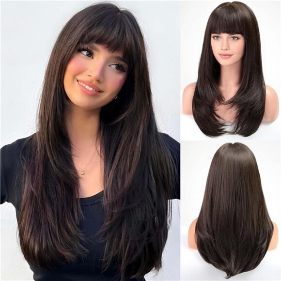 Dark Brown Wig With Bangs For Women Long Straight Layered Wigs Synthetic
